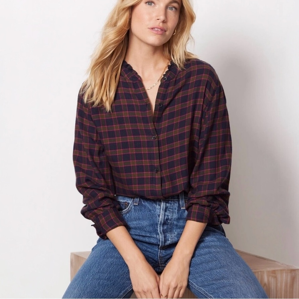 Rails Evereve Andie Plaid Button Down Shirt Size M Long Sleeve Ruffle Neck